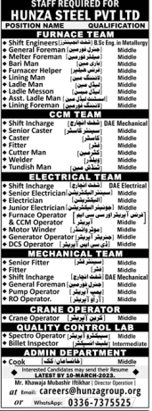crane-operator-qc-lab-admin-cook-furnace-ccm-electrical-team-shift-engineers-hunza-steel-lahore-punjab-job-2023-big-0