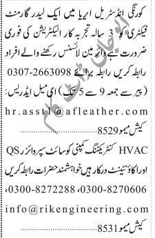 car-electrician-leather-garment-site-supervisor-qs-accountant-hvac-company-jobs-in-karachi-big-0