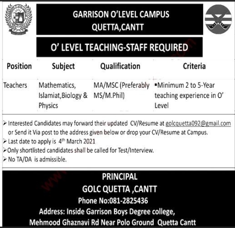 teachers-required-garrison-o-level-campus-quetta-cantt-school-teaching-jobs-big-0
