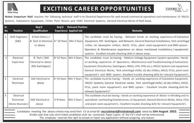 latest-nishat-emporium-mall-vacancies-2022-pakistan-shift-engineers-electrical-supervisor-technician-fitter-chiller-operator-plumber-hvac-big-0
