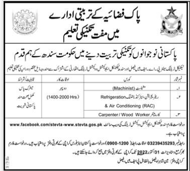 free-training-machinist-refrigeration-air-conditioning-rac-carpenter-wood-worker-stevta-sindh-government-karachi-2022-big-0